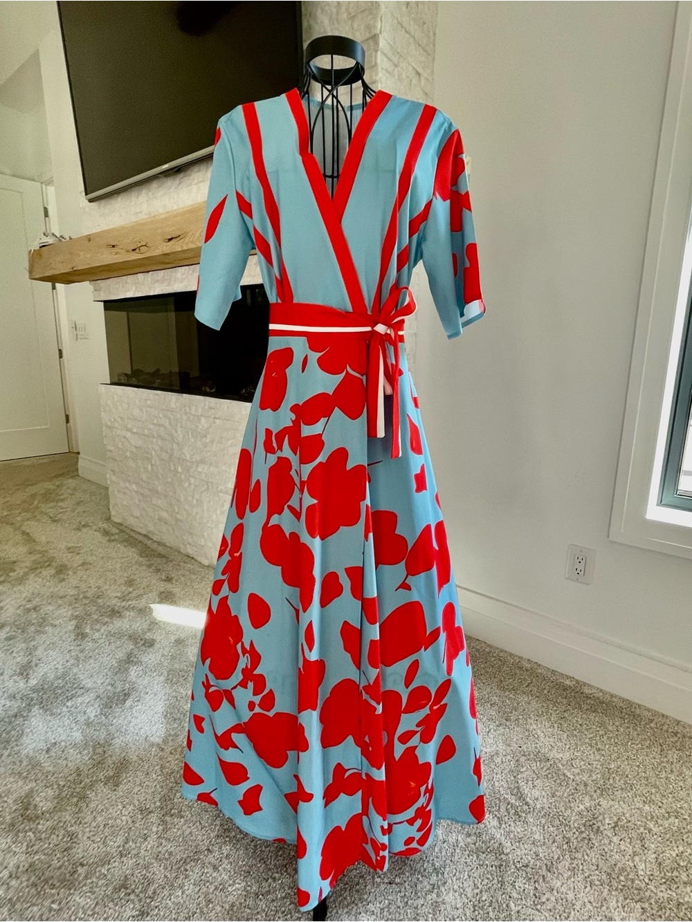 Wrap Maxi Dress in Light Blue with Red Floral Print - Picture 2 of 4